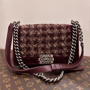 Authentic Chanel limited edition burgundy tweed velvet medium boy bag